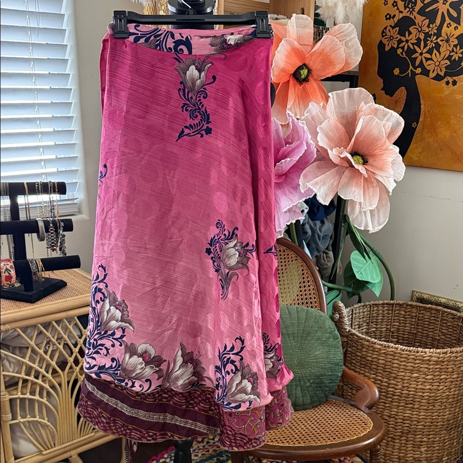 Darn Good Yarn Pink Silk Paisley Floral Reversible Sari Wrap Midi Maxi Skirt